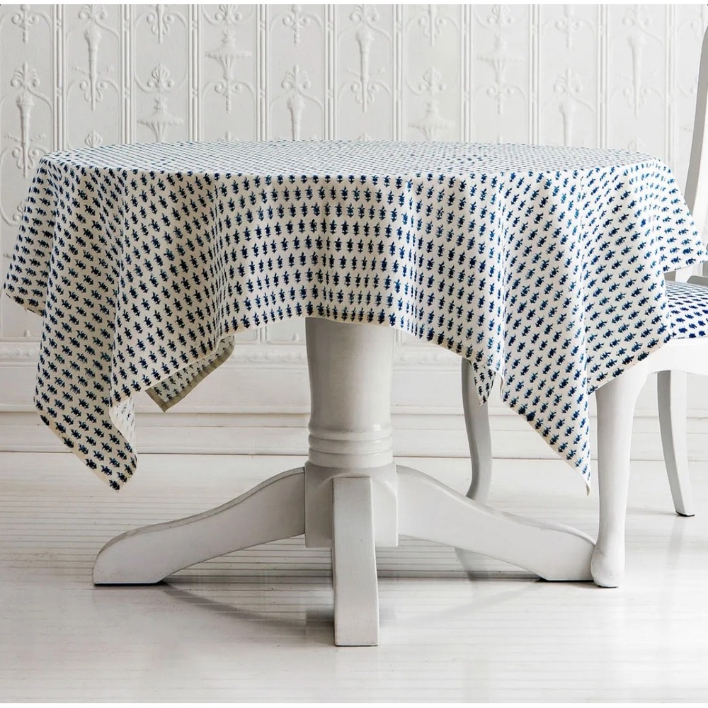 Les Indiennes Amelie 58" Square Tablecloth Organic Cotton Blue White Block Print